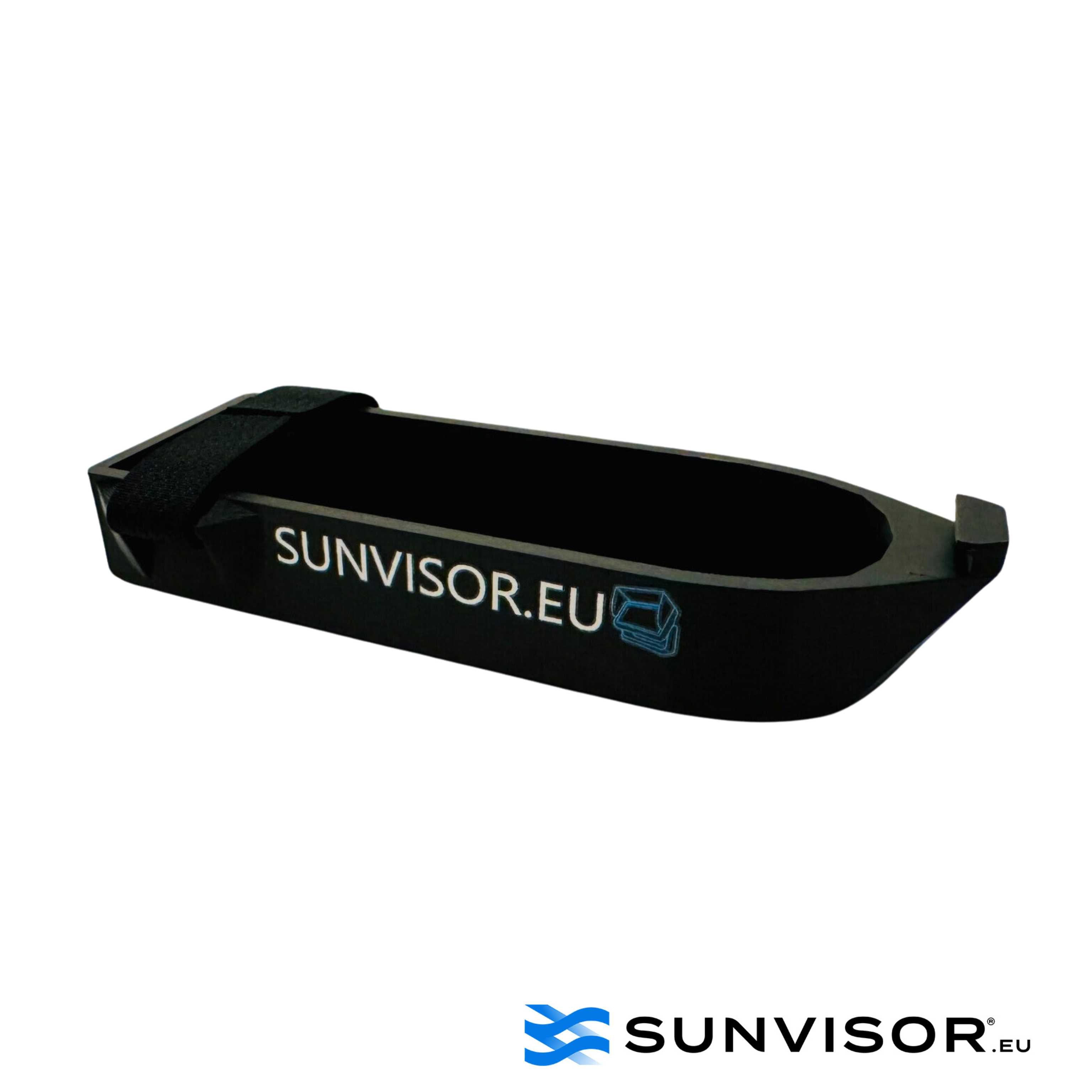 Black GT54 transducer cover made of durable ABS plastic with Sunvisor.eu branding, designed for scratch and fall protection.