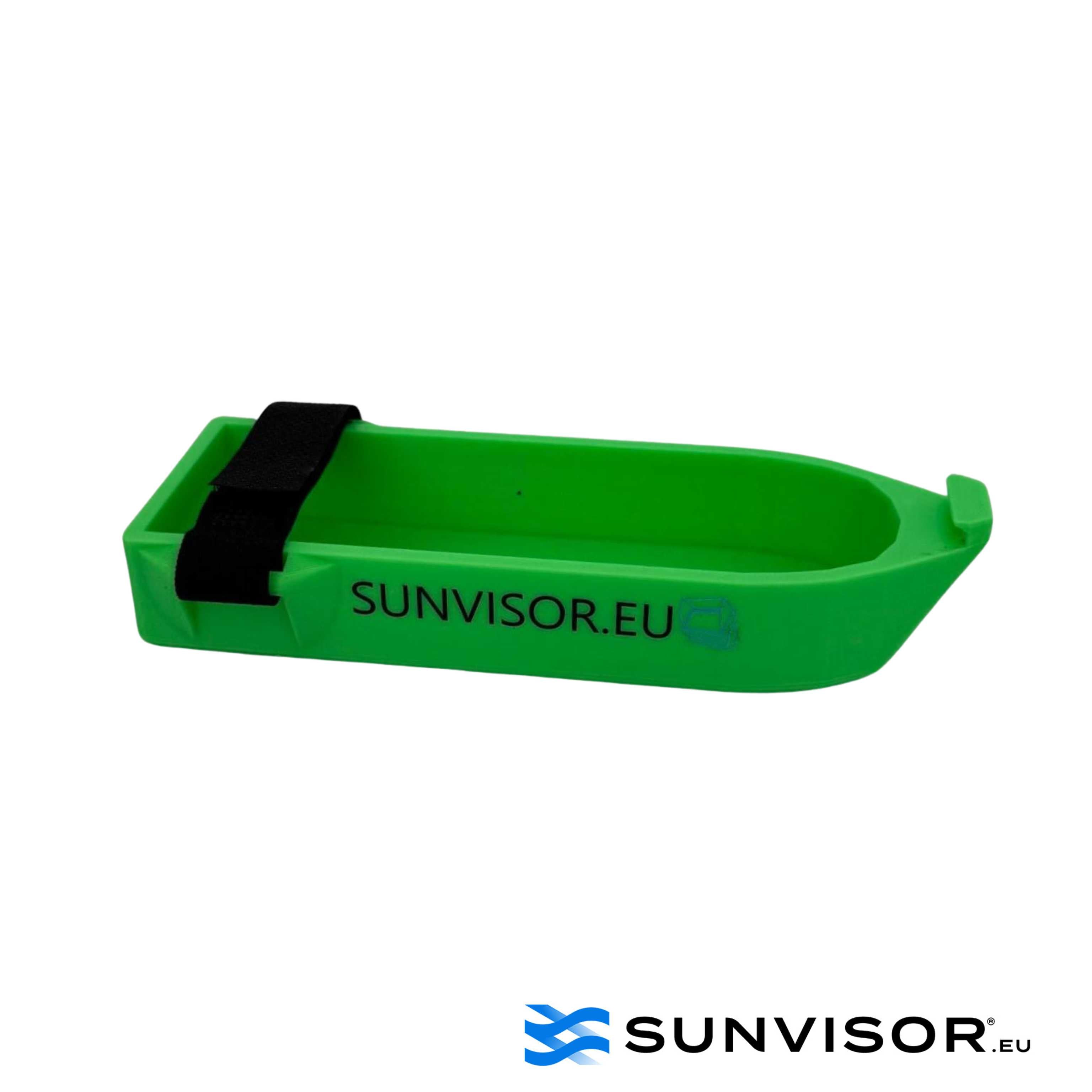 GT54 transducer cover in green ABS plastic with a black strap, designed for scratch protection and durability. Made by Sunvisor.eu.