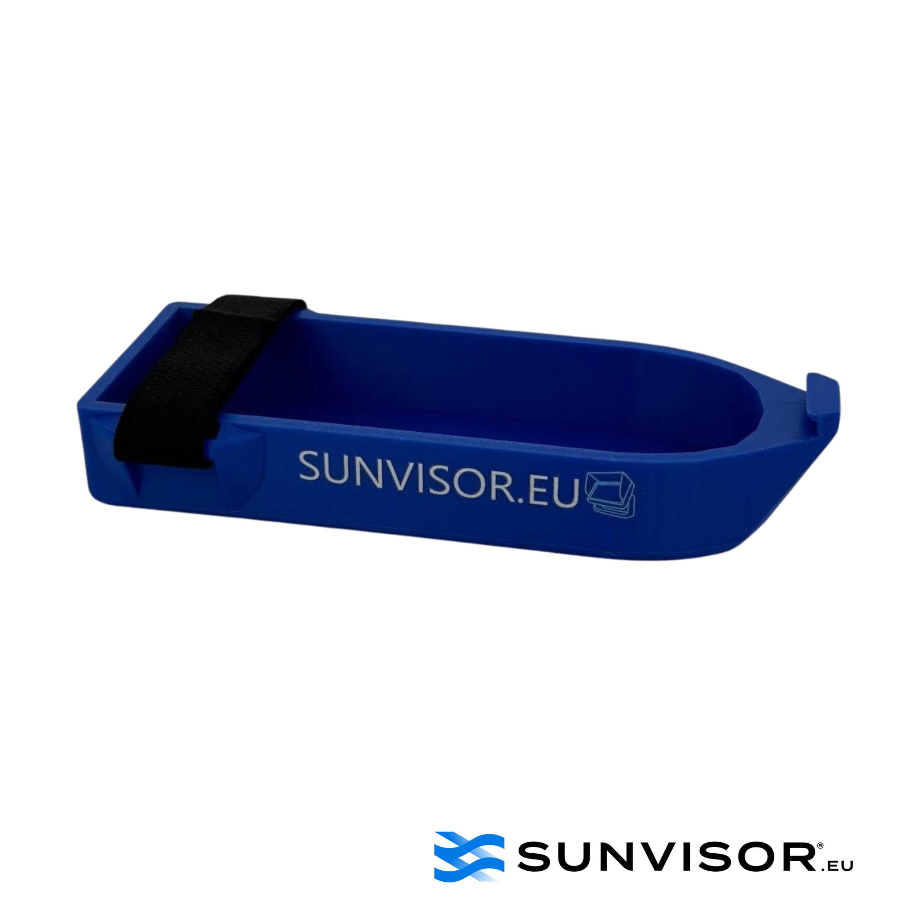 Blue GT54 transducer protector in ABS plastic with Sunvisor.eu logo, ensuring durable scratch and fall resistance for marine devices.