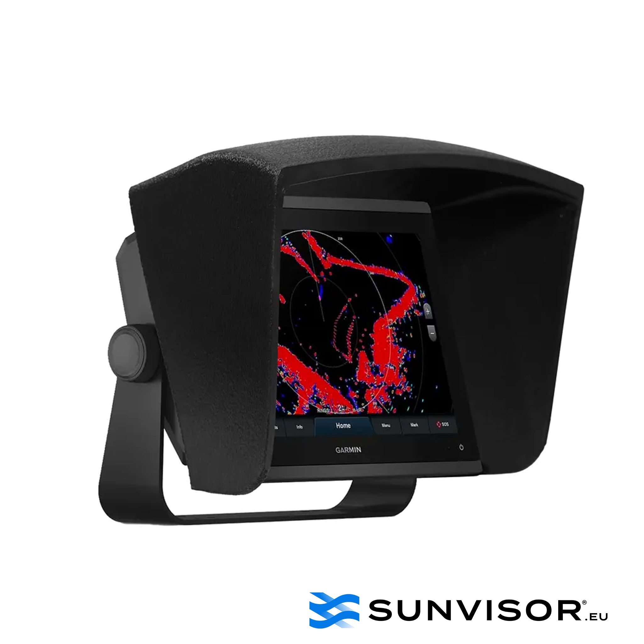 Sunvisor Garmin GPSMAP 8412 attached to a marine chartplotter, providing protection against sunglare and raindrops. Ideal for marine electronics.