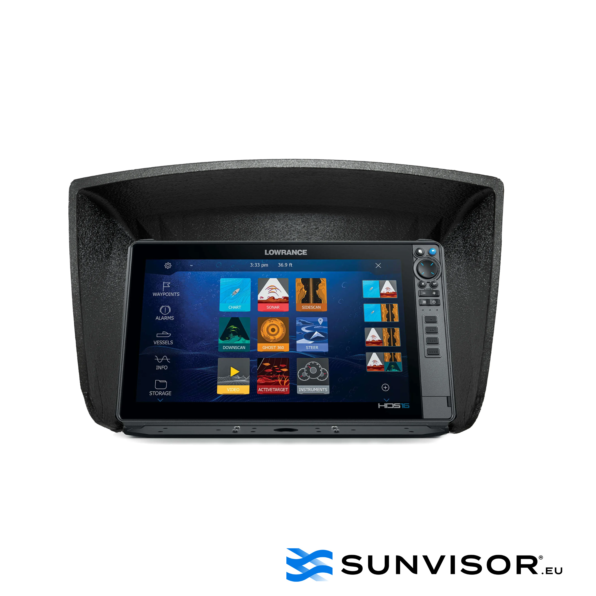 Sunvisor Lowrance HDS PRO 9 installed on a marine chartplotter, providing protection against sun glare and raindrops. Durable ABS plastic design.